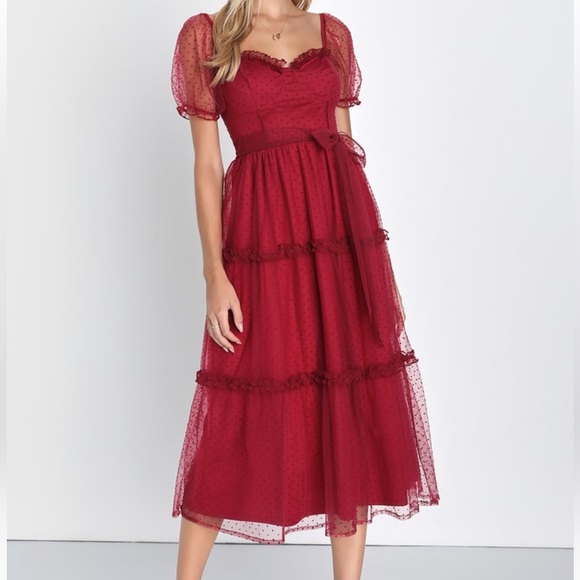 Magnetic Presence Red Wine Swiss Dot Puff Sleeve Midi Dress - Picture 2 of 3